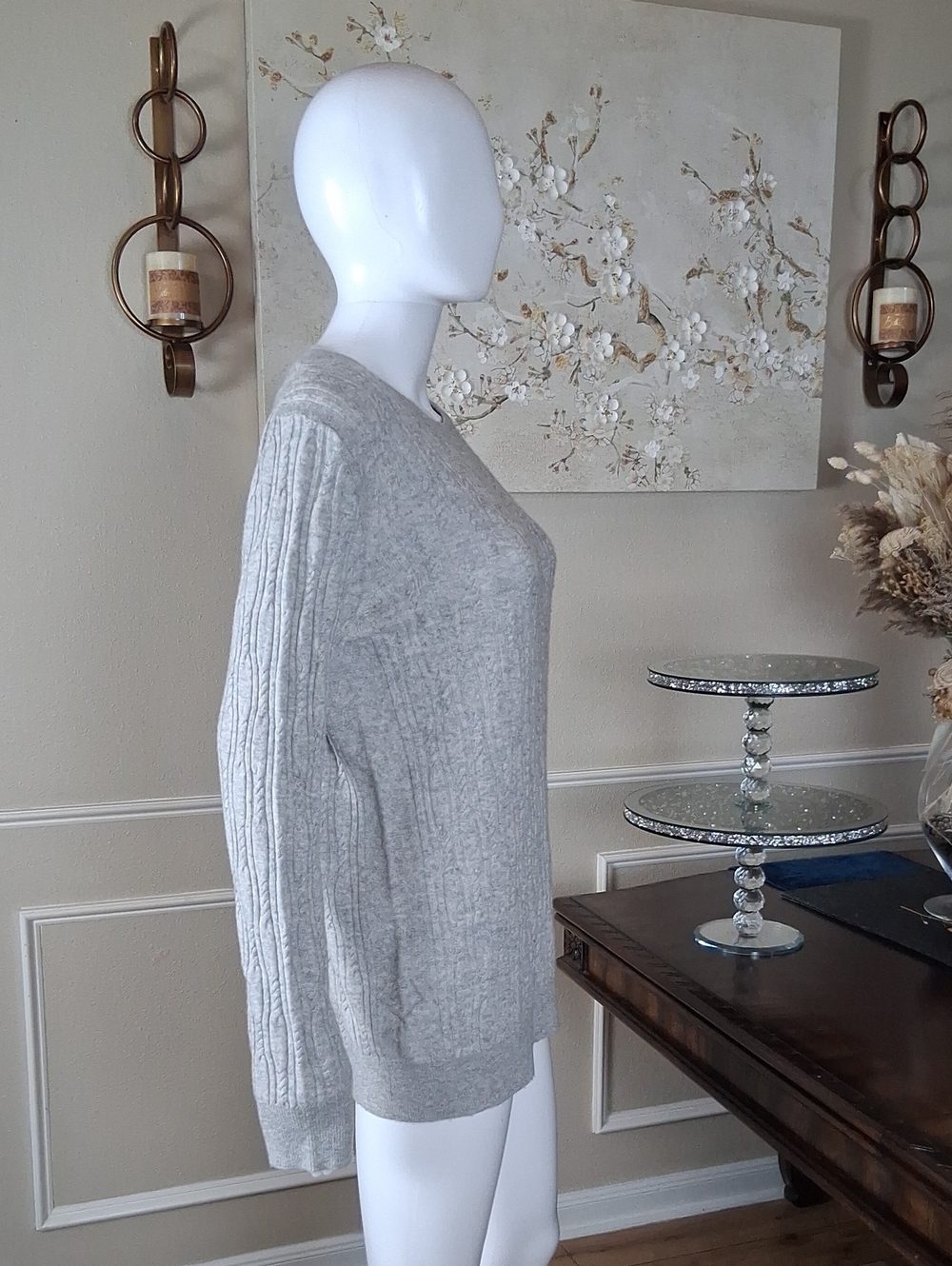 Women's Cable-Knit Crewneck Light Gray Merino Cashemere Blend Large - Picture 10 of 17